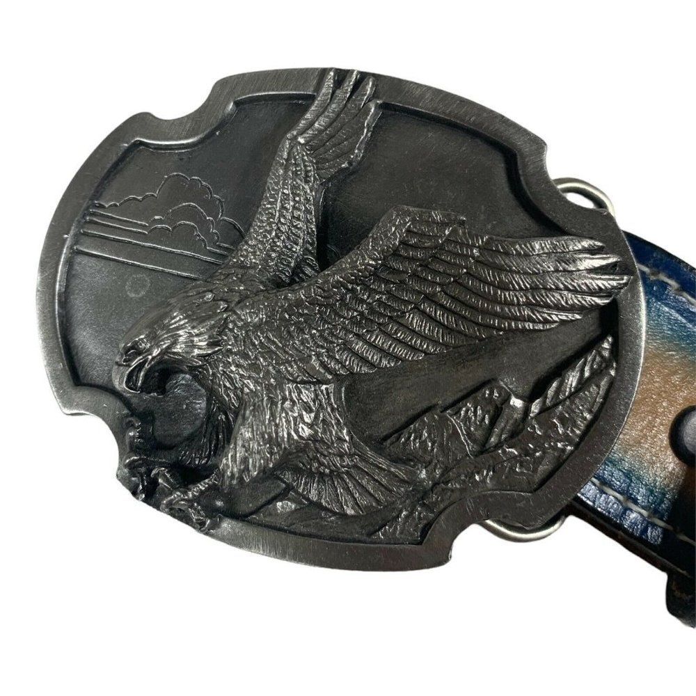 Vintage Country Dixie Stitched Turquoise Blue Leather Belt Eagle Buckle Size 40